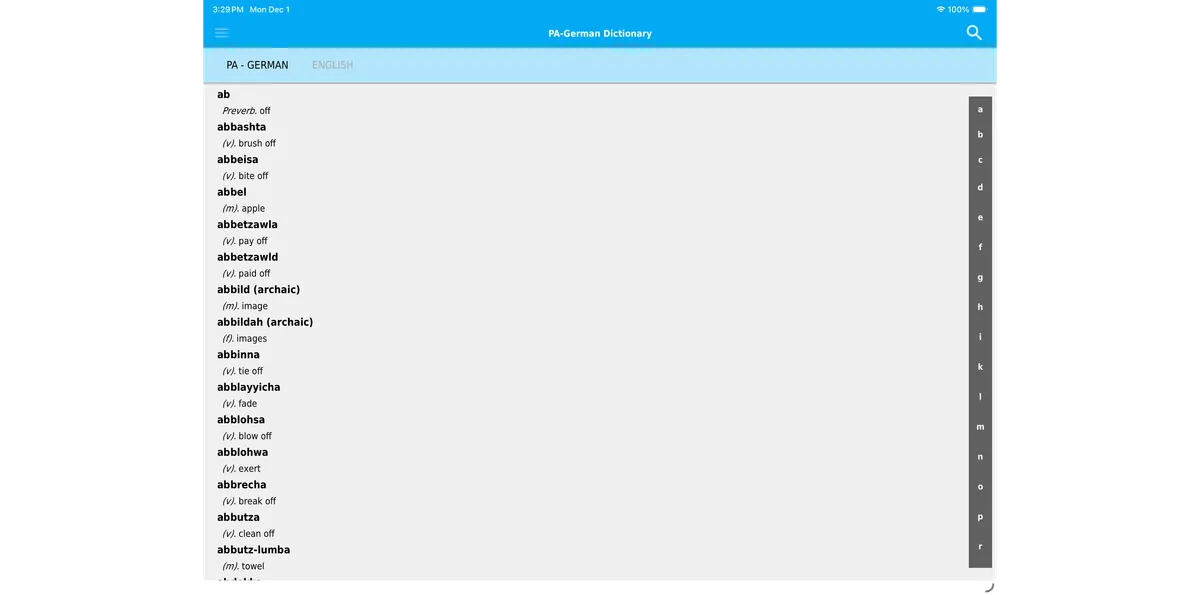 Screenshot of dictionary app on iPad