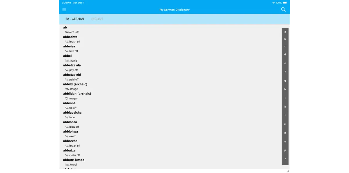 Screenshot of dictionary app on iPad