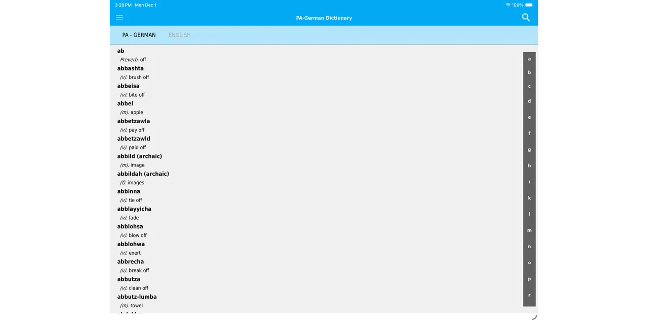 Screenshot of dictionary app on iPad